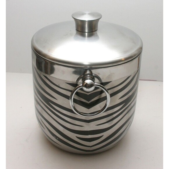 Oggi 18/0 Ice Bucket With Lid Nice Pre Owned Zebra Type Stripes Double Handles - Picture 4 of 7